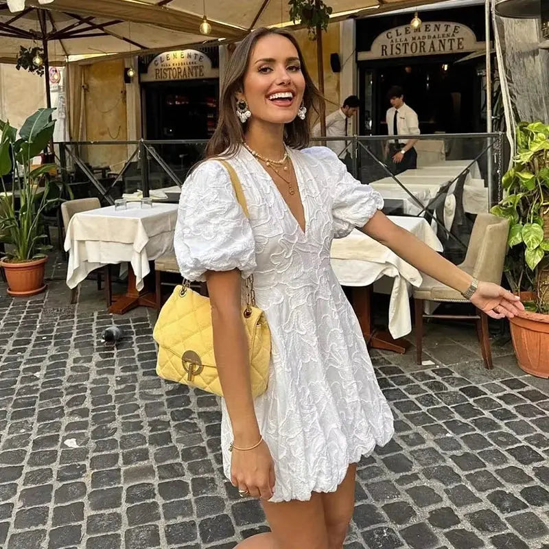 White Mini Dress with 3D Flower Pattern & Puff Sleeves