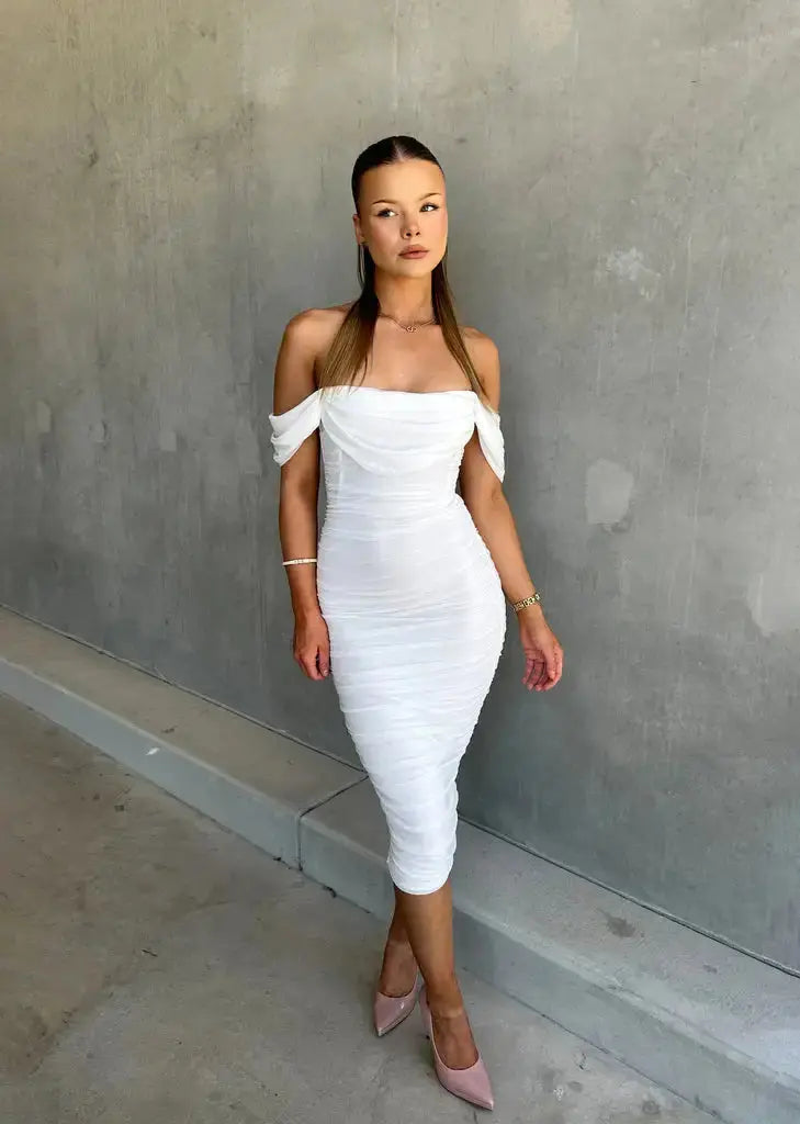 Off-Shoulder White Bodycon Midi Dress with Ruffles