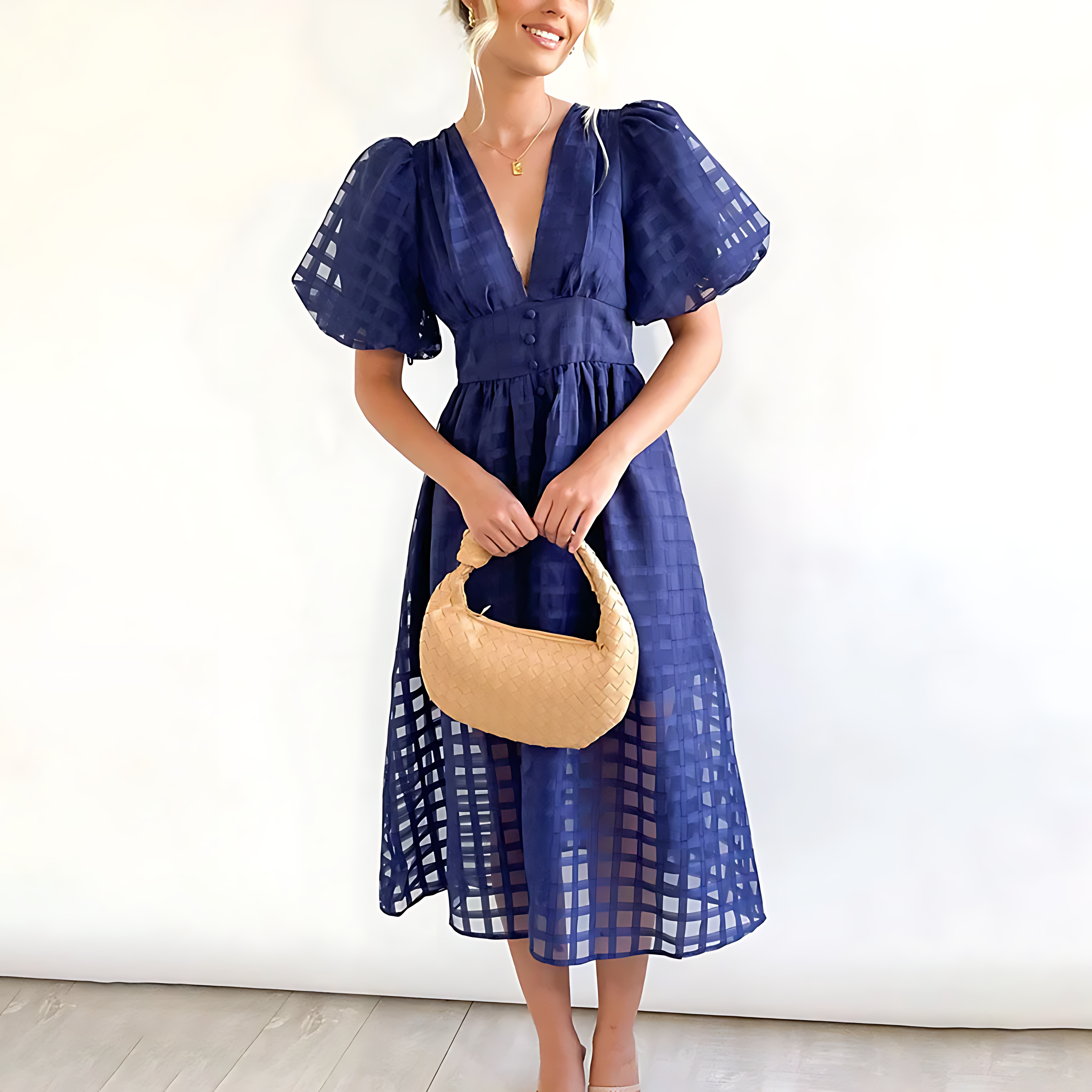Check Pattern Midi Dress - Airy V-Neck Dress with Puff Sleeves