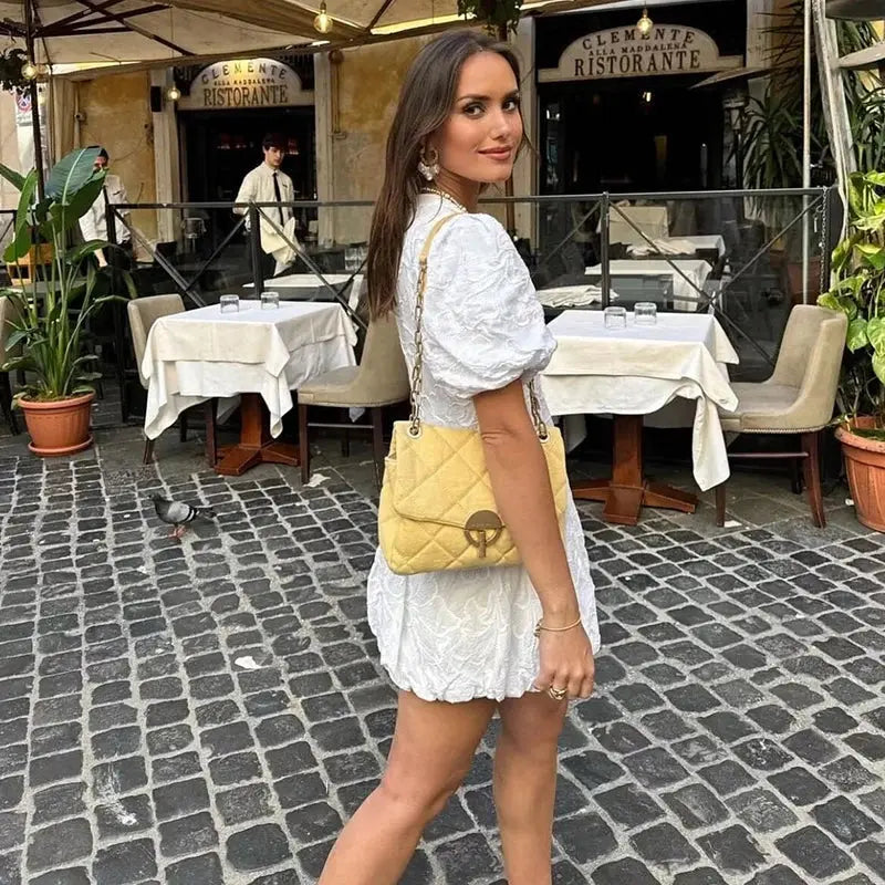 White Mini Dress with 3D Flower Pattern & Puff Sleeves