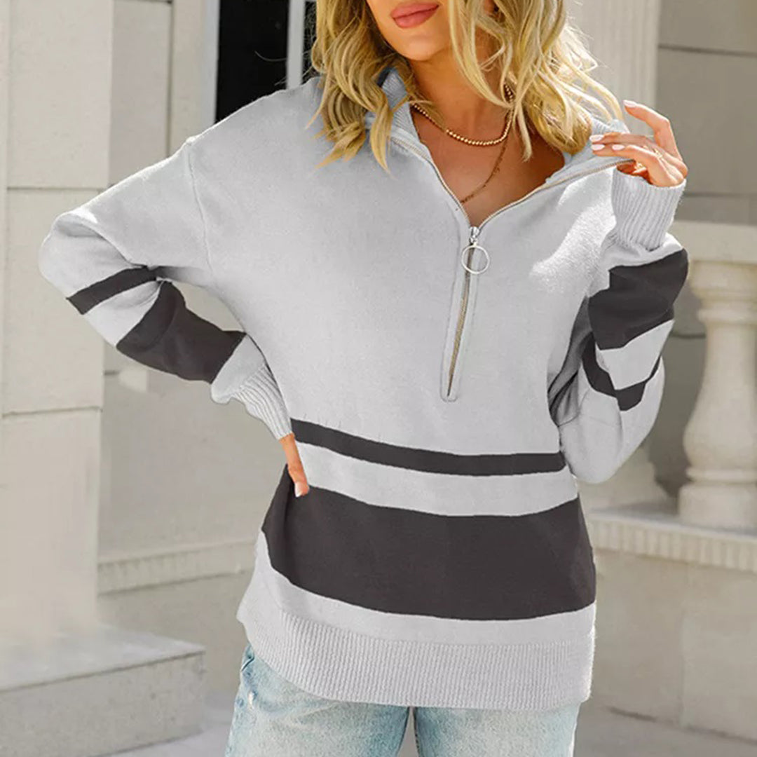 Striped Knit Sweater with Zipper