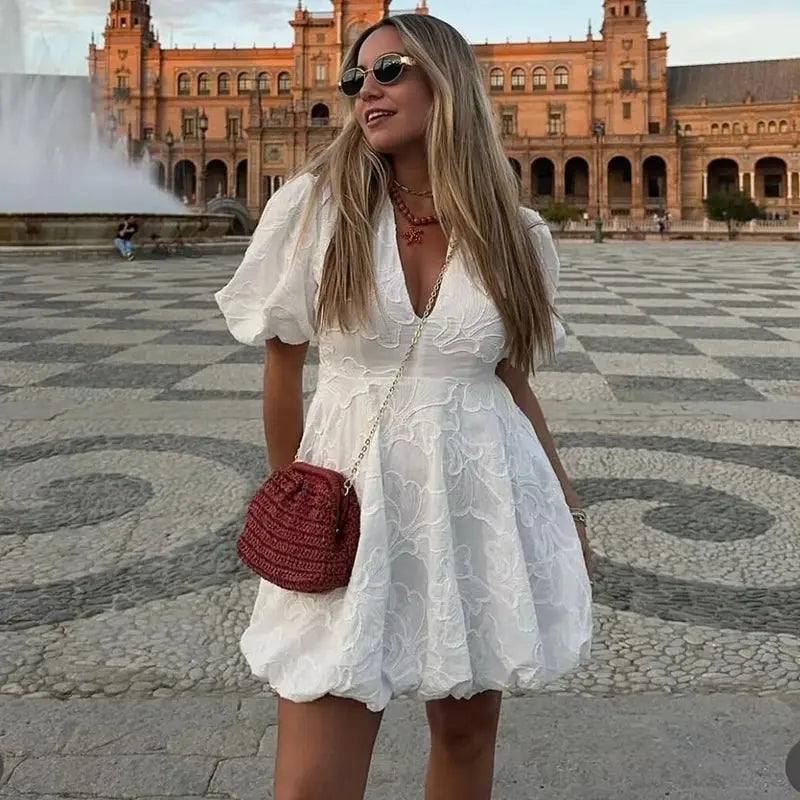 White Mini Dress with 3D Flower Pattern & Puff Sleeves