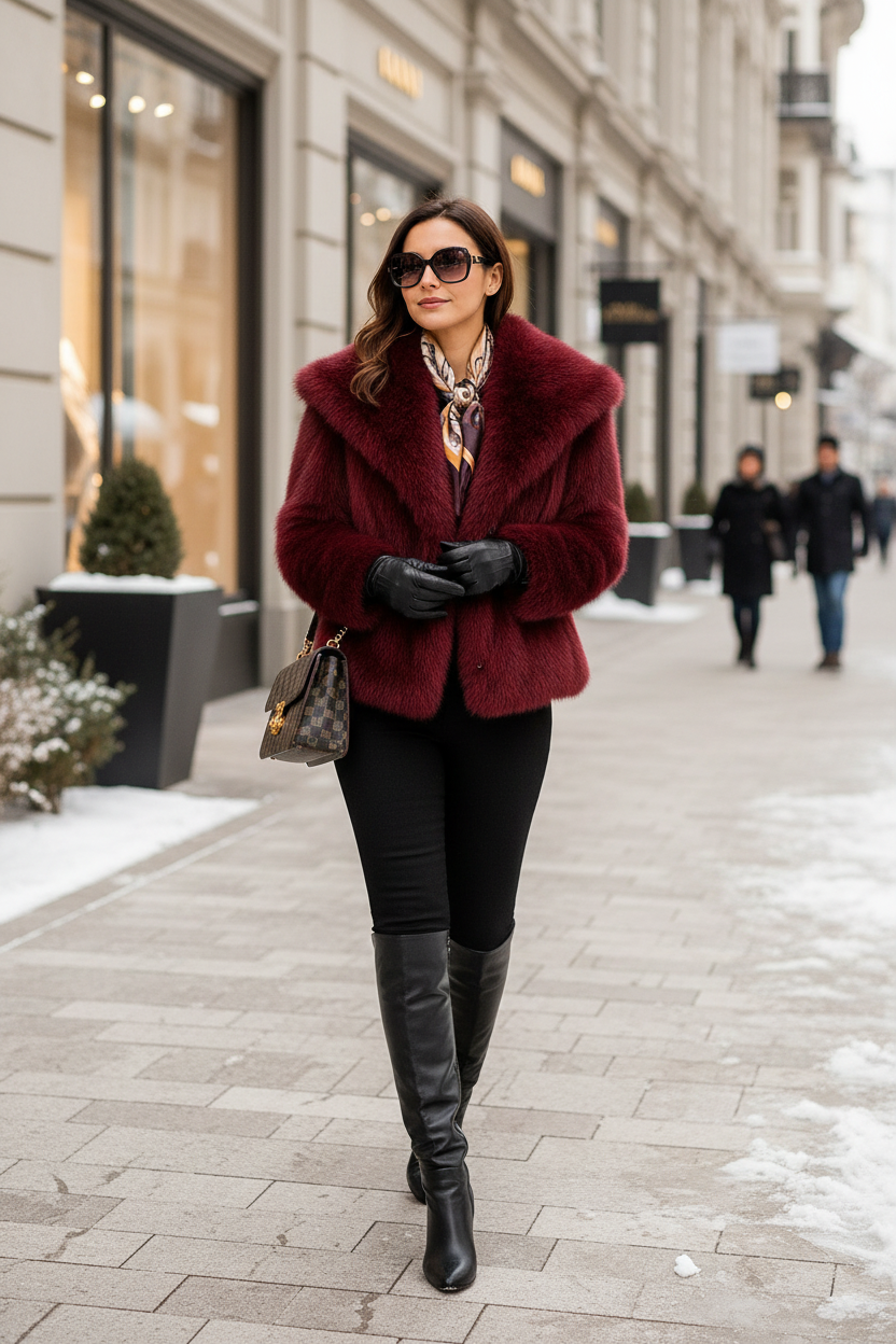 Lifestyle image of woman in burgundy fur jacket walking through elegant winter city setting