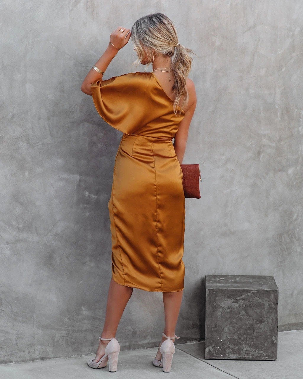 One-Shoulder Satin Midi Dress with Slit