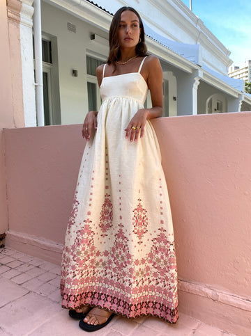 Embroidered Boho Maxi Dress with Spaghetti Straps