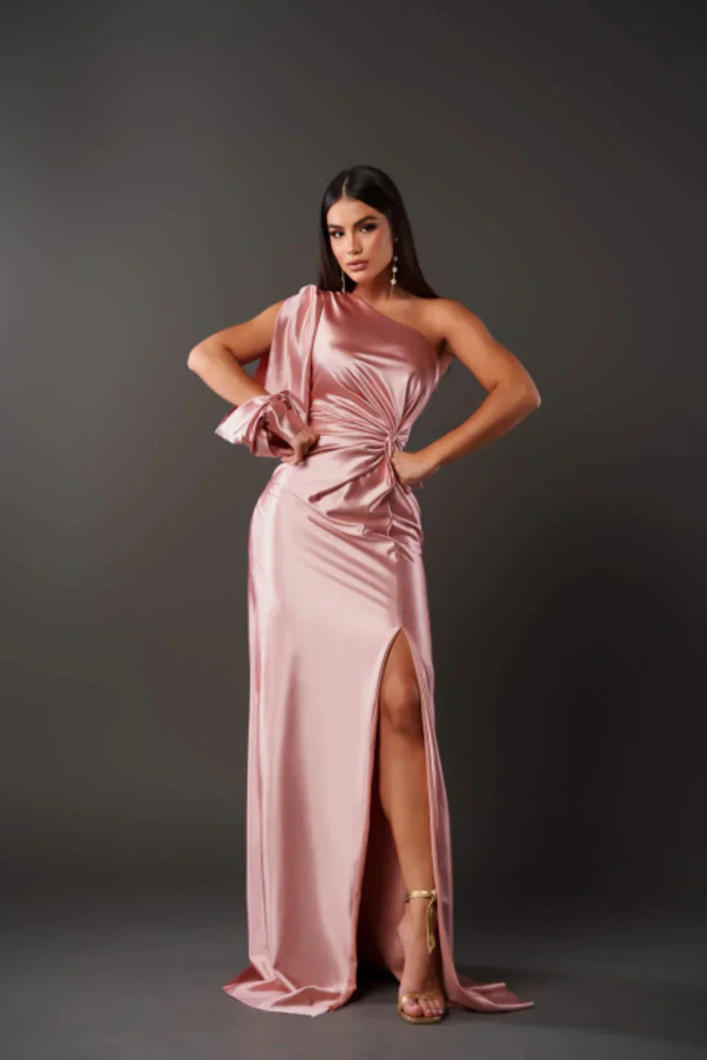pink satin one-shoulder dress - full length front view