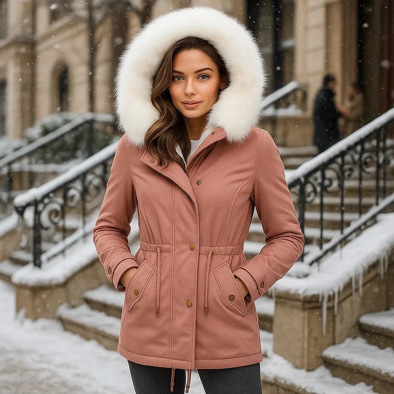 Premium women's winter jacket with hood and buttons - close-up detail view