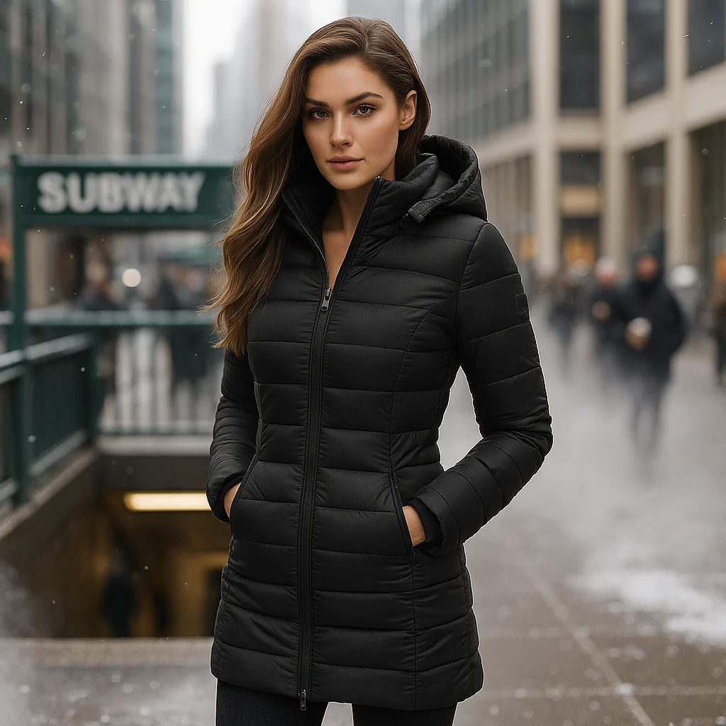 Woman wearing a black puffer coat in an urban setting with a subway sign in the background.
