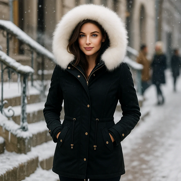  Stylish winter jacket with hood and buttons - elegant red outerwear for women