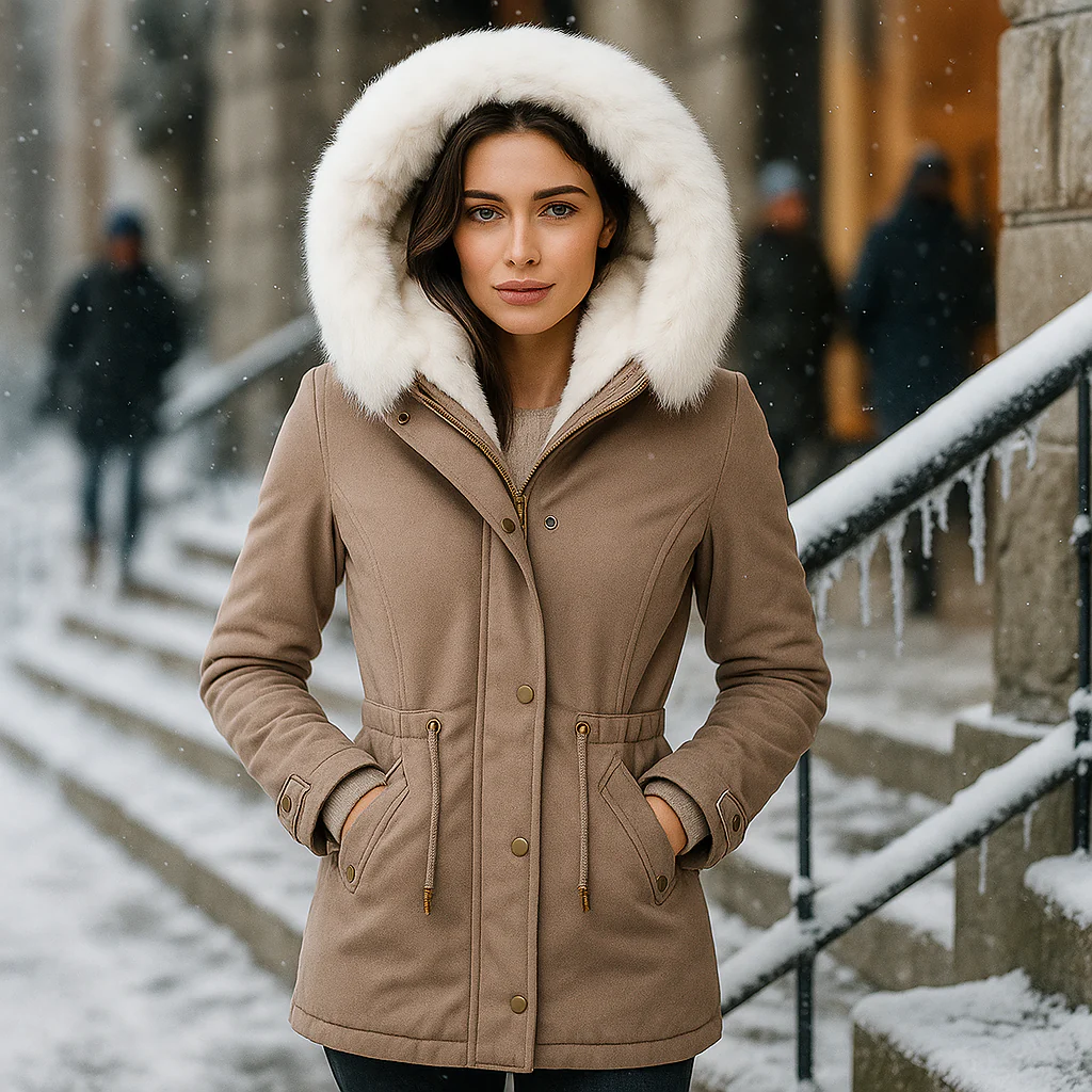 Women's hooded winter jacket with button detail - premium cold weather coat