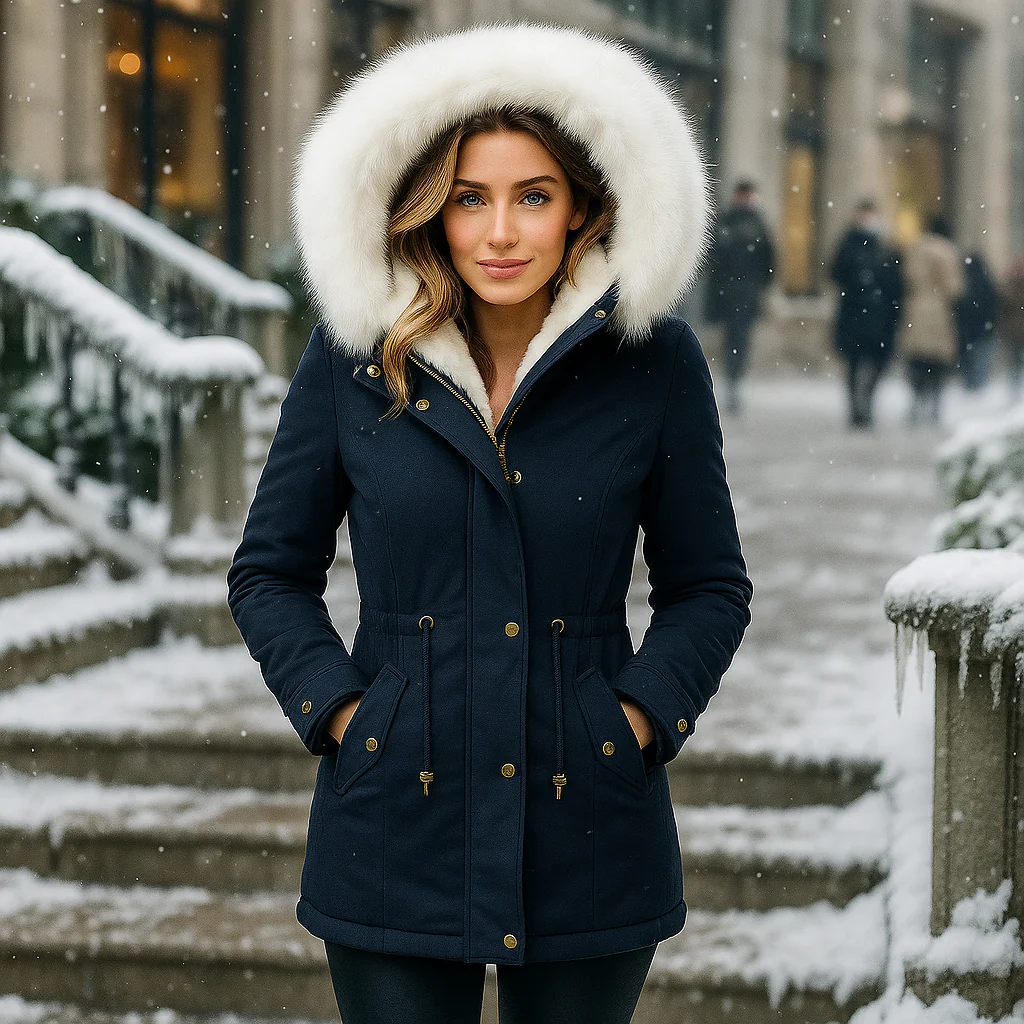 Elegant winter jacket with fur-trimmed hood - luxury outdoor wear for women
