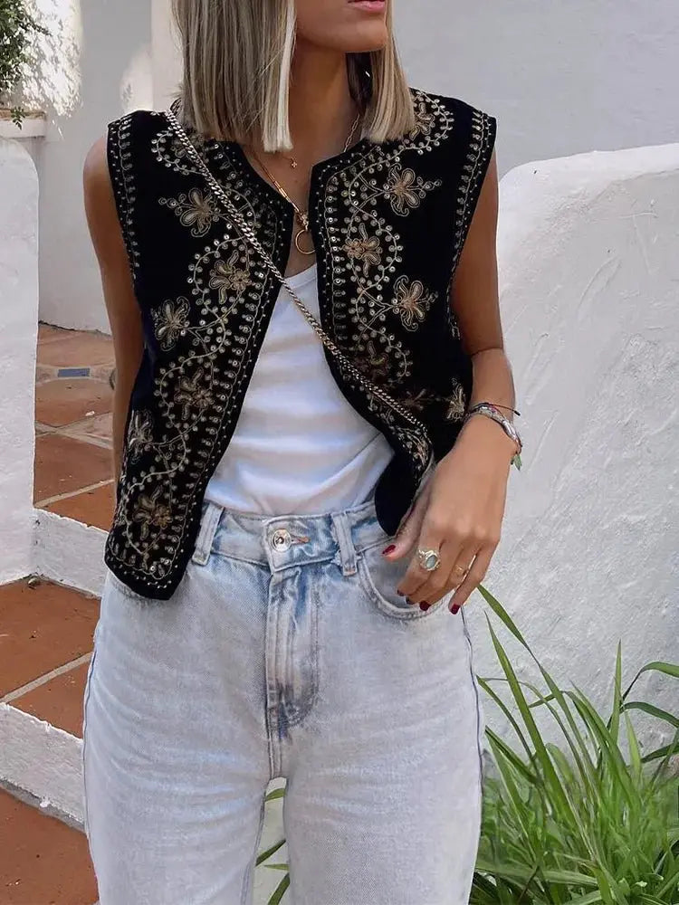 Embroidered Velvet Vest
