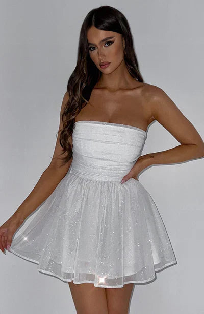 Strapless Glitter Mini Dress with Flared Skirt