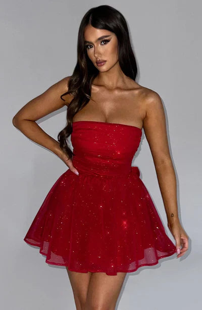 Strapless Glitter Mini Dress with Flared Skirt