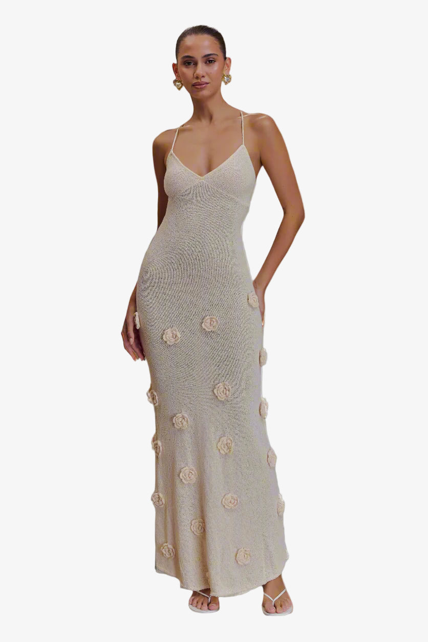Women’s Knit Crochet Maxi Dress – V Neck, Sleeveless, Floral Appliqué