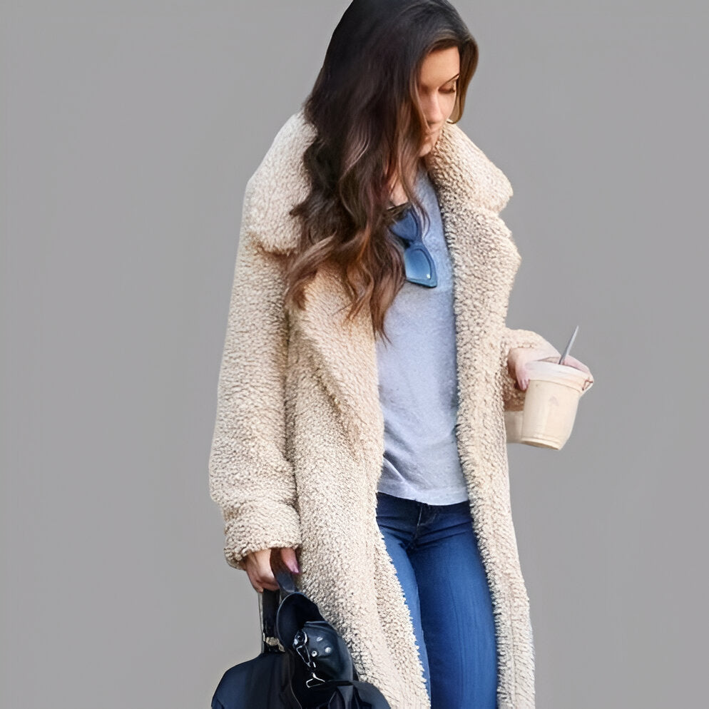 Side view of soft fleece winter coat for ladies