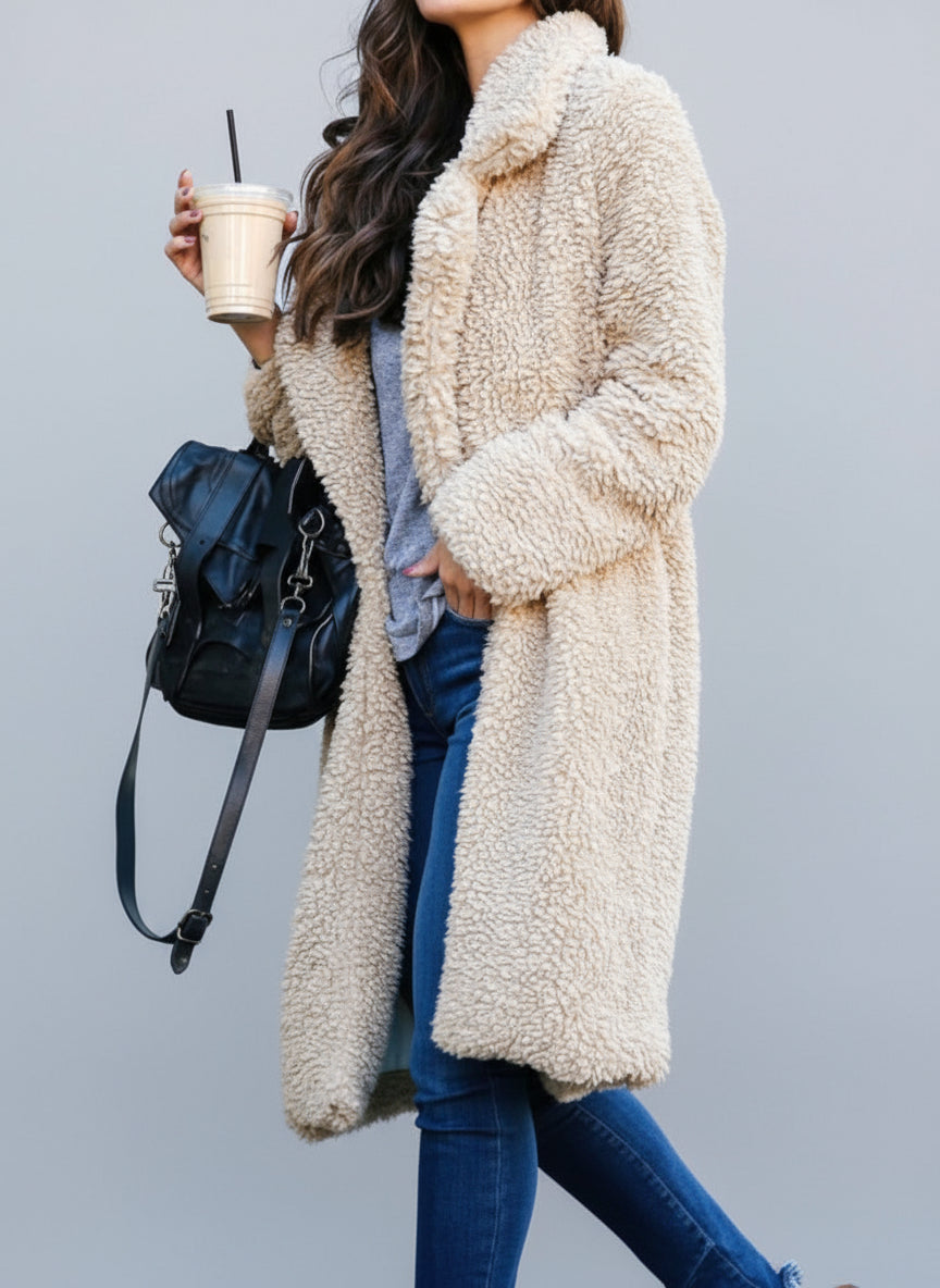 Side view of soft fleece winter coat for ladies