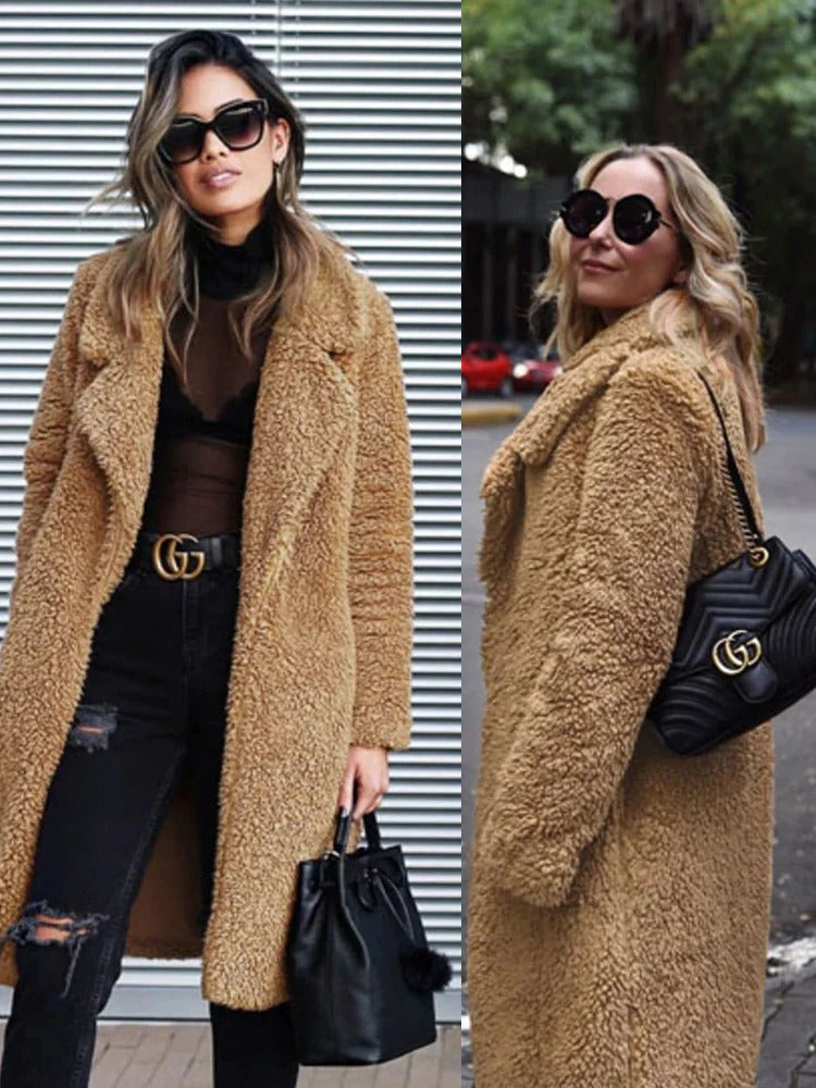 Street style outfit with ladies long plush fleece coat