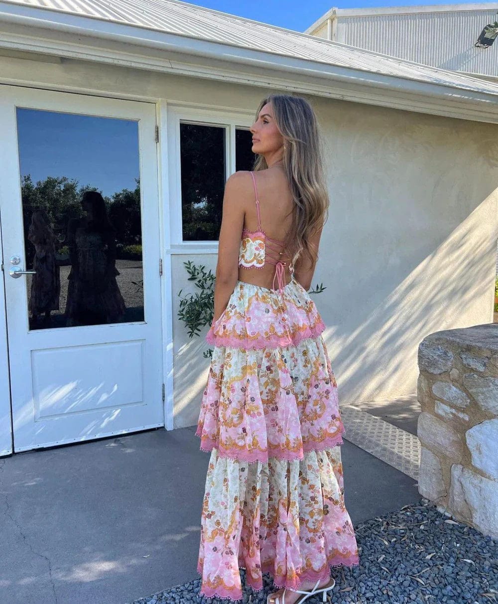 Romantic Floral Maxi Dress with Lace Back Details