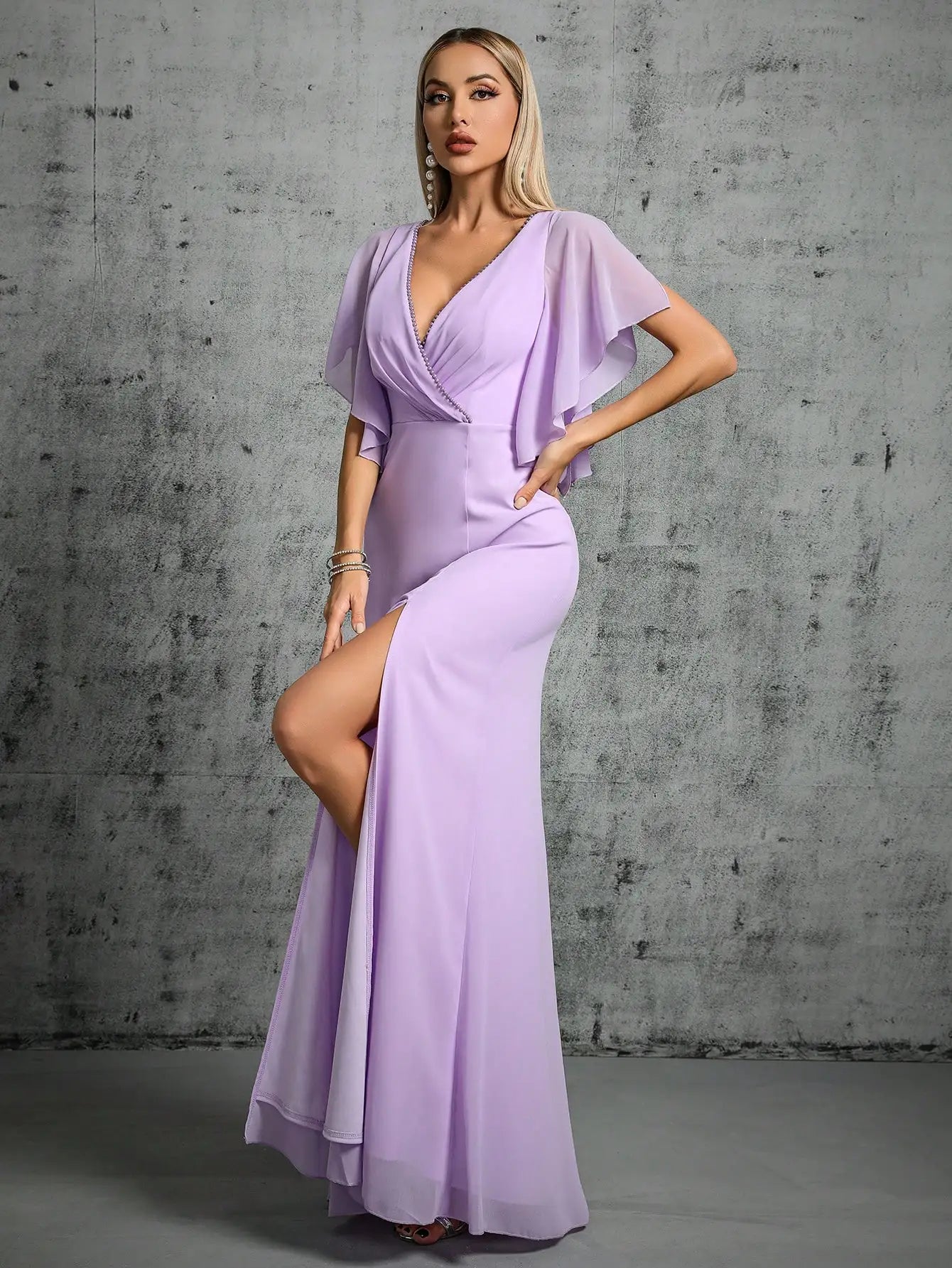 Beaded Collar Flared Sleeve Pleated Chiffon Evening Gown