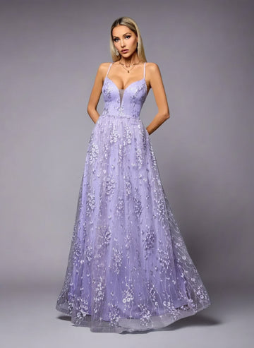 Lavender Embroidered Tulle Gown – Spaghetti Strap Prom Dress