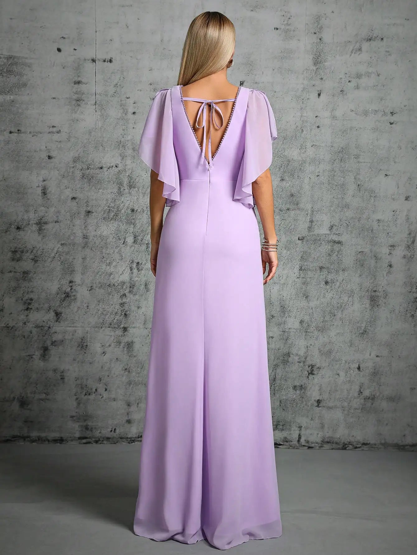 Beaded Collar Flared Sleeve Pleated Chiffon Evening Gown