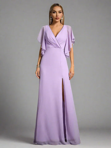 Beaded Collar Flared Sleeve Pleated Chiffon Evening Gown