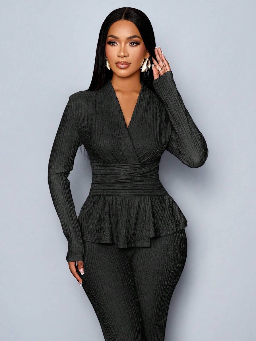 Women’s V-Neck Long Sleeve Top and Wide Leg Pants Set