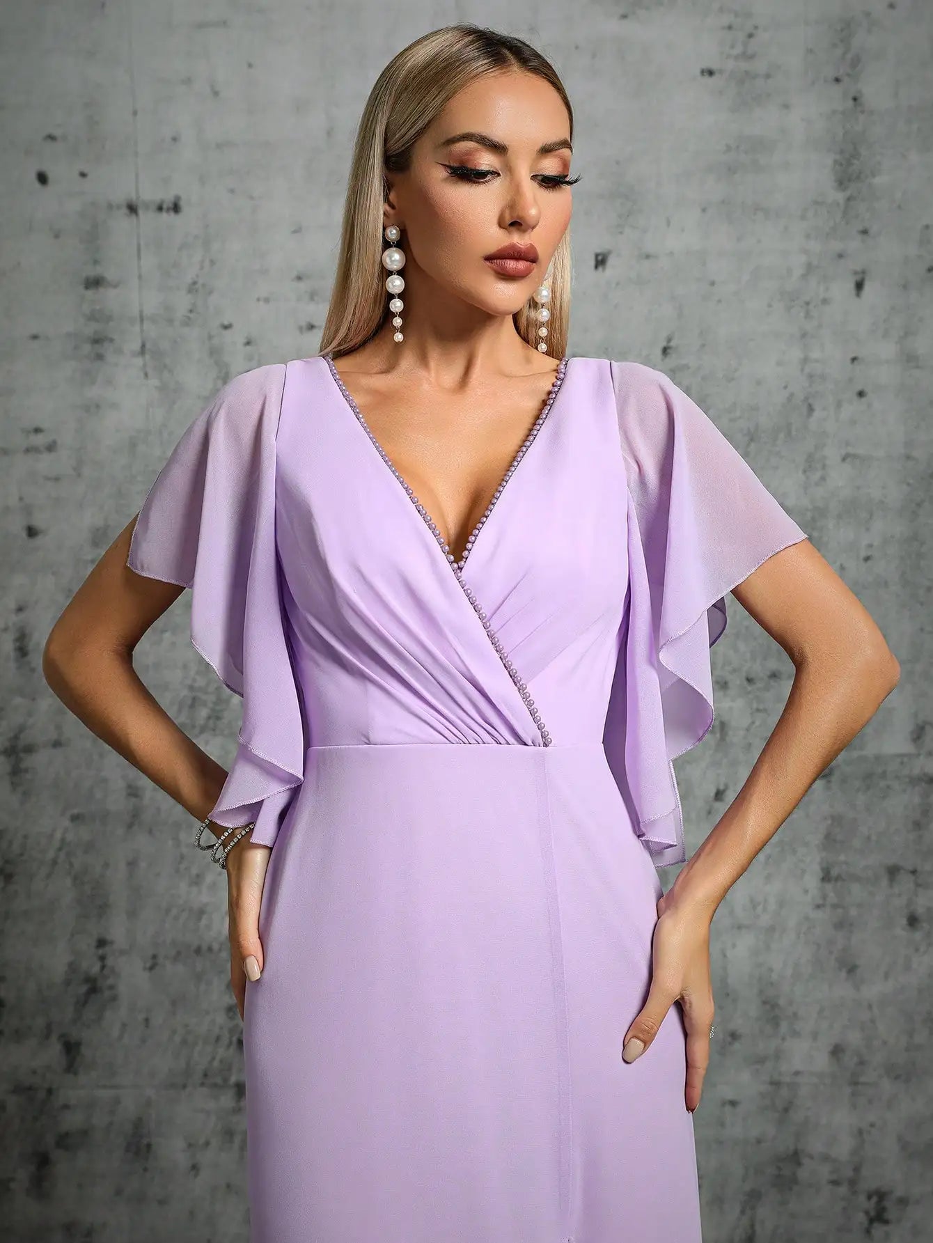 Beaded Collar Flared Sleeve Pleated Chiffon Evening Gown