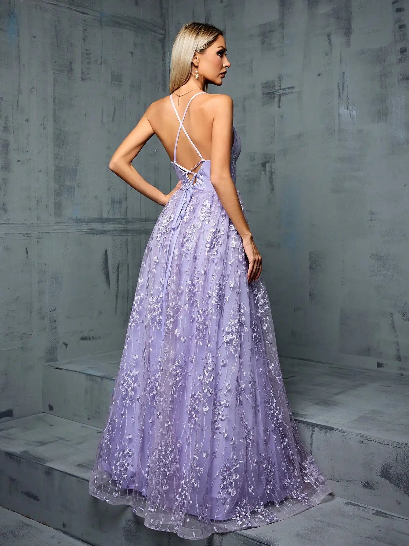 Lavender Embroidered Tulle Gown – Spaghetti Strap Prom Dress