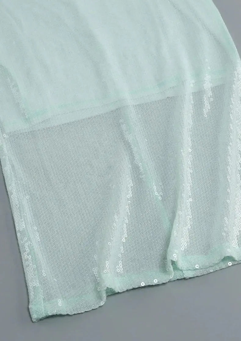 Mint Green Glitter Spaghetti Strap Long Sleeve Dress