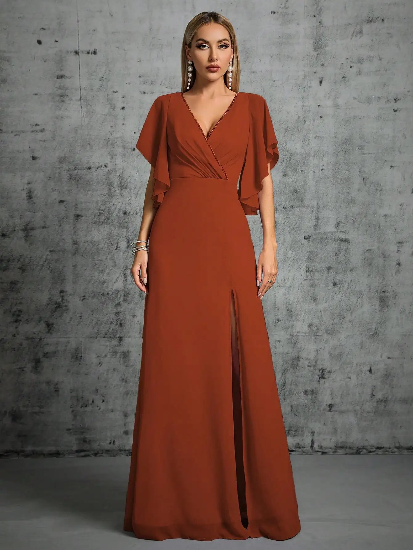 Beaded Collar Flared Sleeve Pleated Chiffon Evening Gown