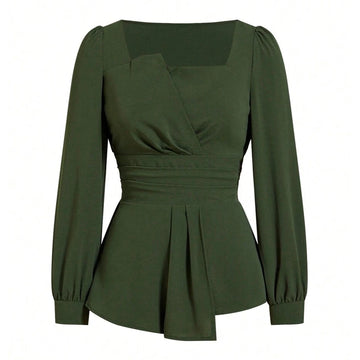 Women’s Asymmetrical Ruched Blouse – Long Sleeve
