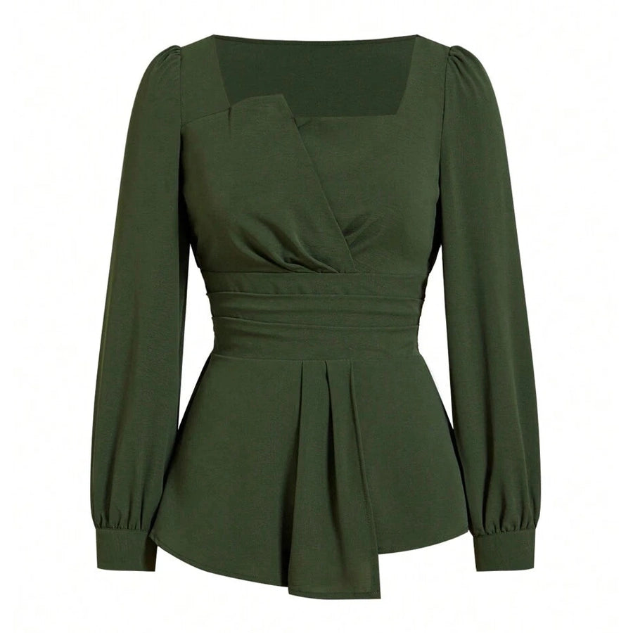 Women’s Asymmetrical Ruched Blouse – Long Sleeve