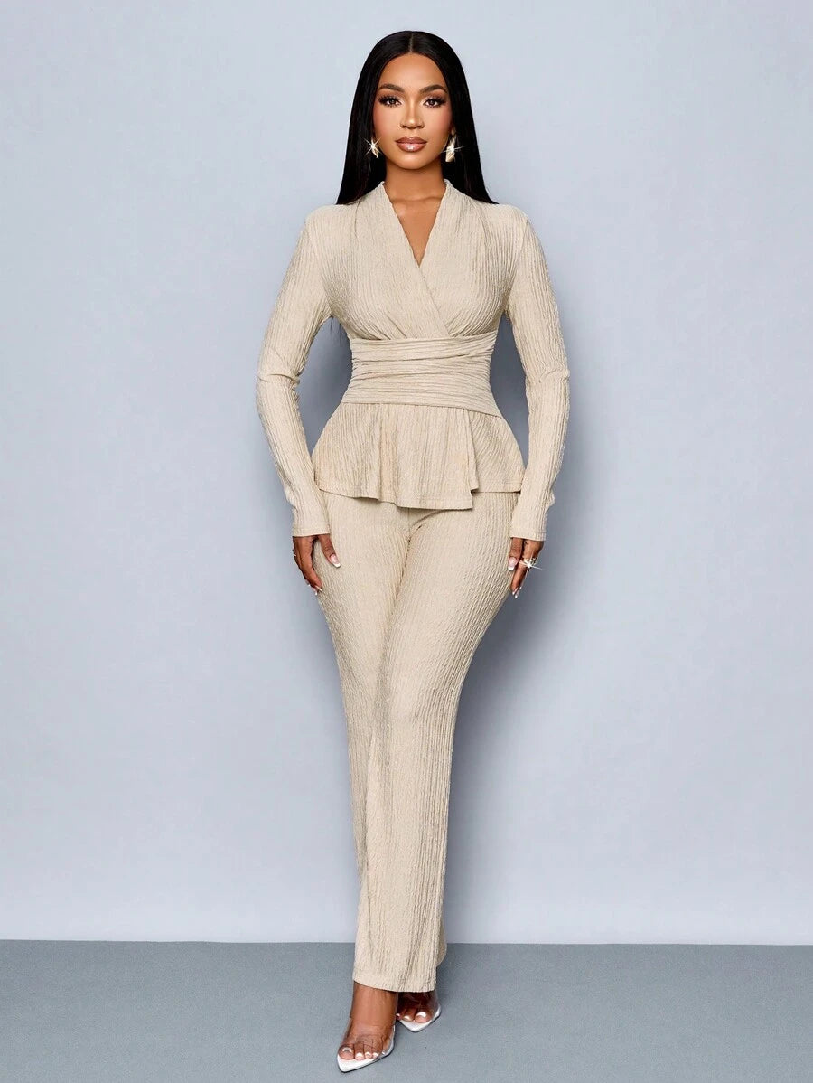 Women’s V-Neck Long Sleeve Top and Wide Leg Pants Set