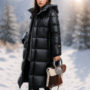 Person wearing a long black puffer coat in a snowy landscape