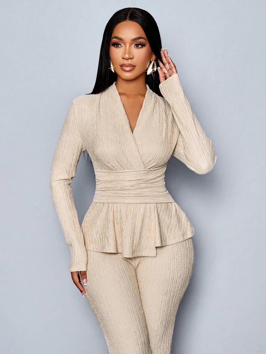Women’s V-Neck Long Sleeve Top and Wide Leg Pants Set