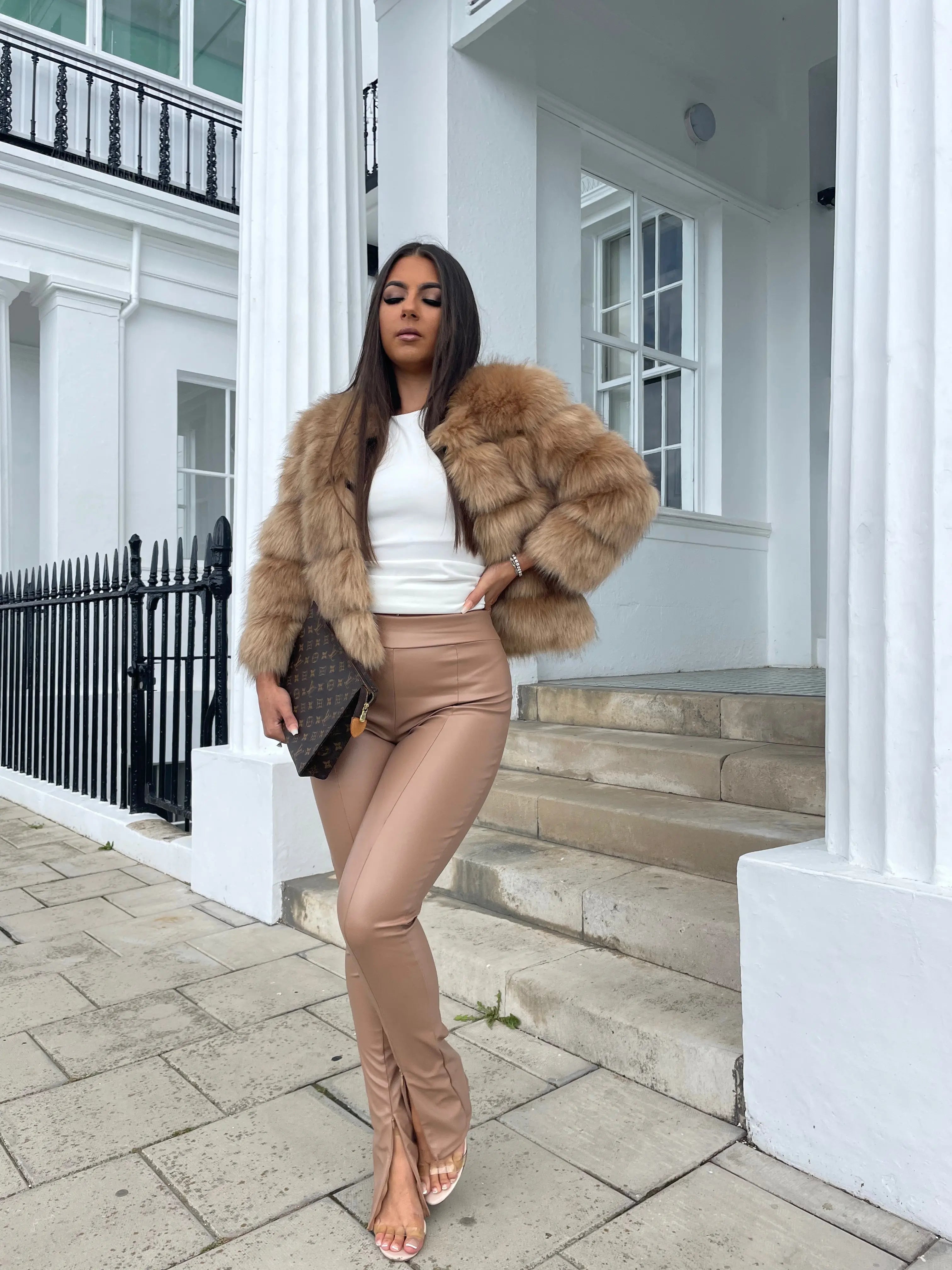 Elegant styling with faux fur coat