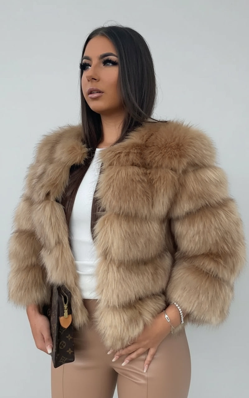 Luxurious faux fur coat front view