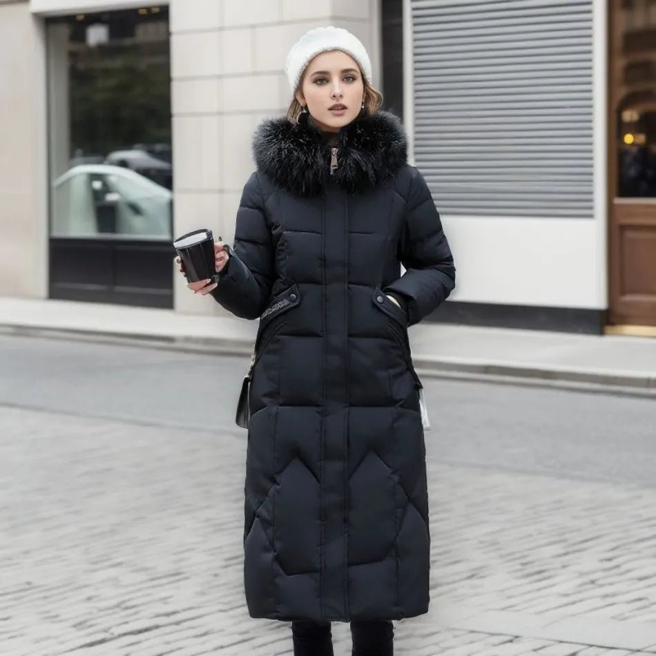 Marine wool blend winter coat side view - long elegant silhouette
