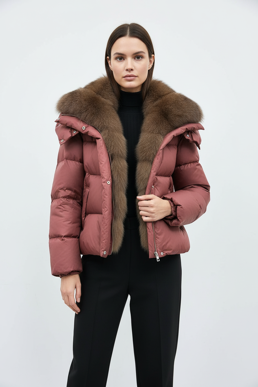 Mauve puffer jacket close up showing fur collar detail and quilted texture