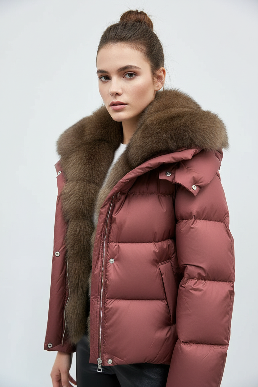 Luxury Mauve Puffer Jacket with Oversized Fur Collar - Premium Winter Coat