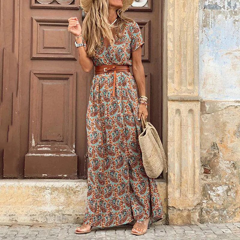 Boho Paisley Maxi Dress with Belt