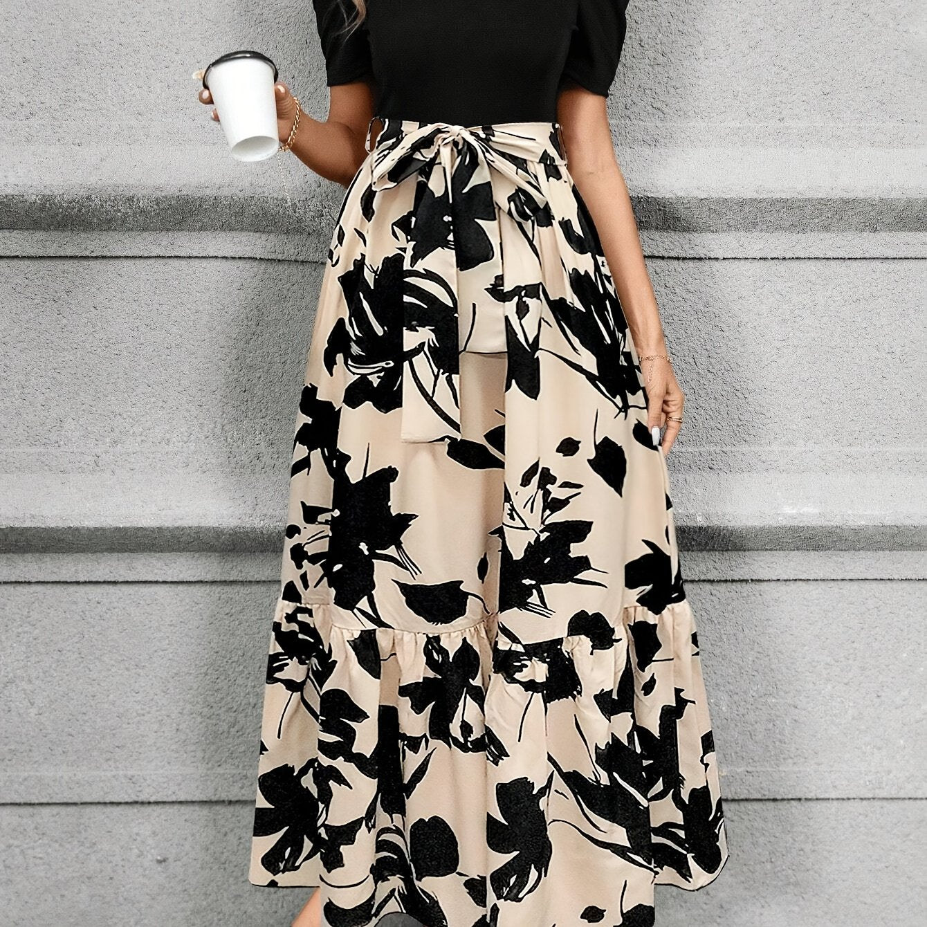 Women’s Printed Midi Dress with Belt – Crew Neck, Short Sleeve