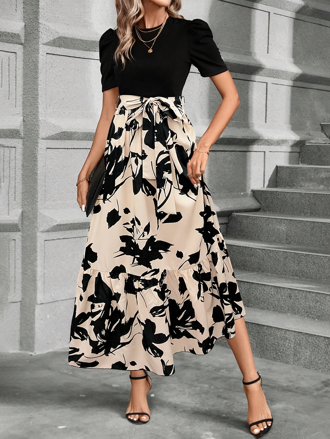 Women’s Printed Midi Dress with Belt – Crew Neck, Short Sleeve