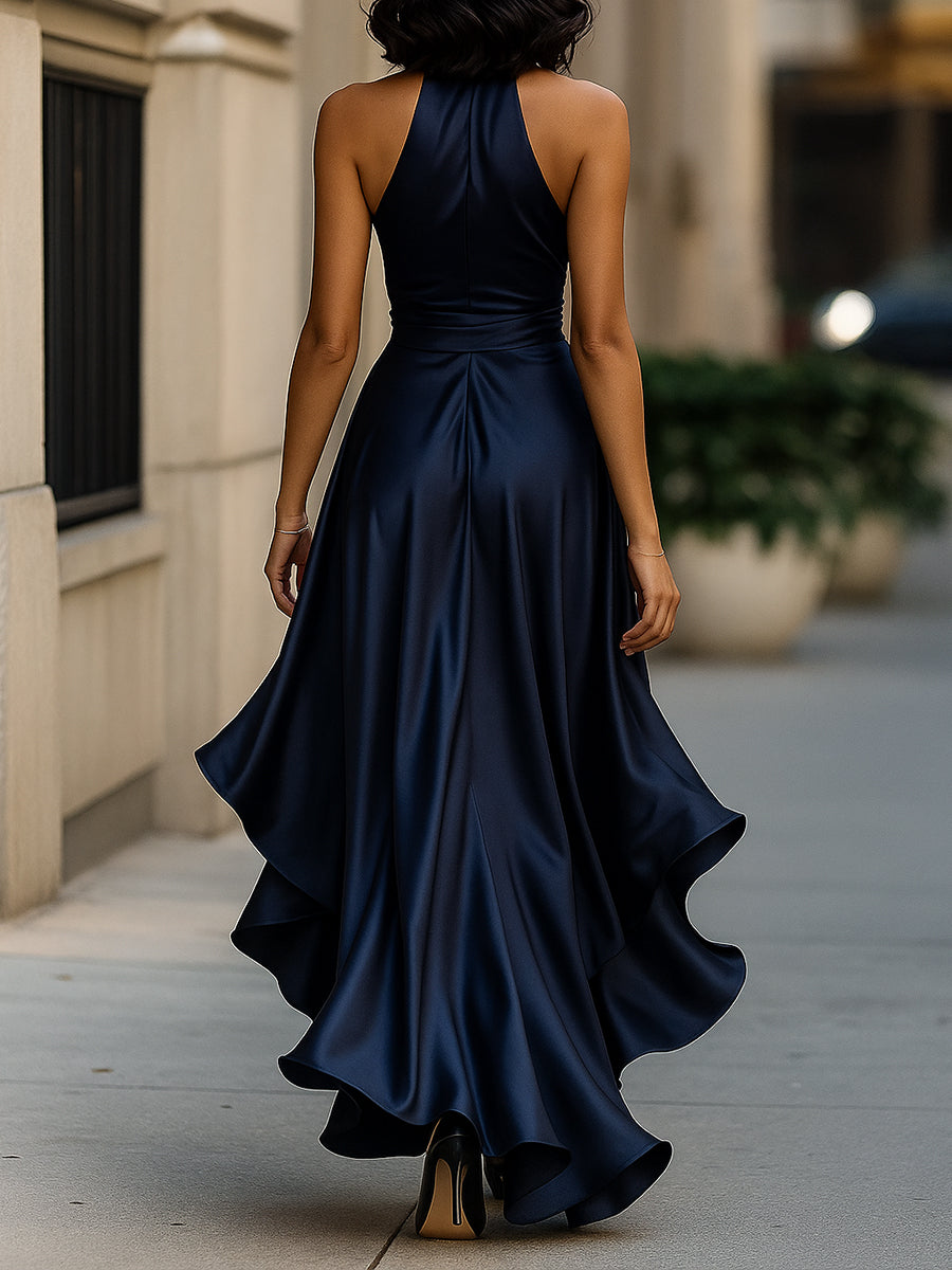 Women’s Satin Halter Evening Dress – Ruffle High-Low Hem