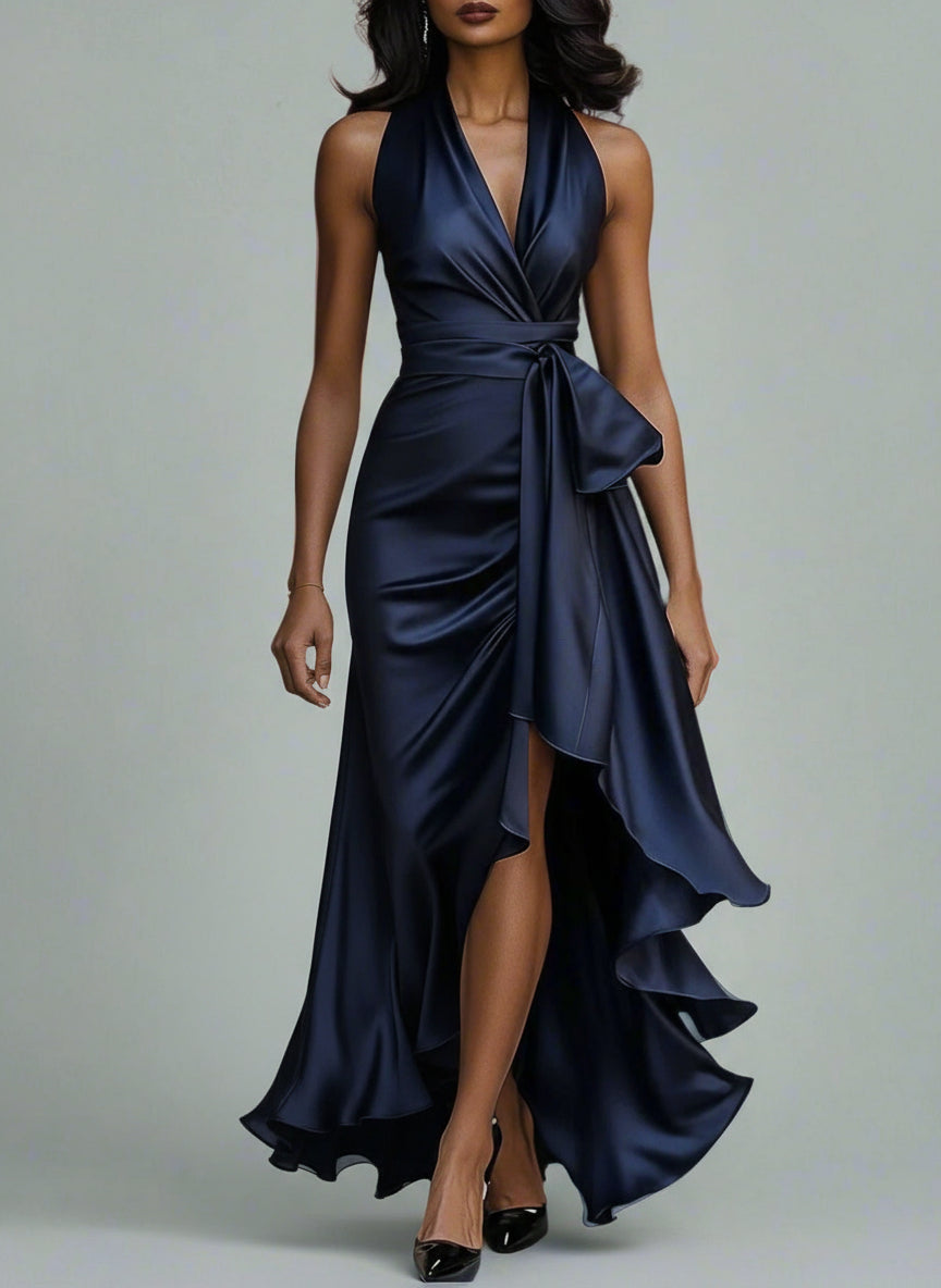 Women’s Satin Halter Evening Dress – Ruffle High-Low Hem