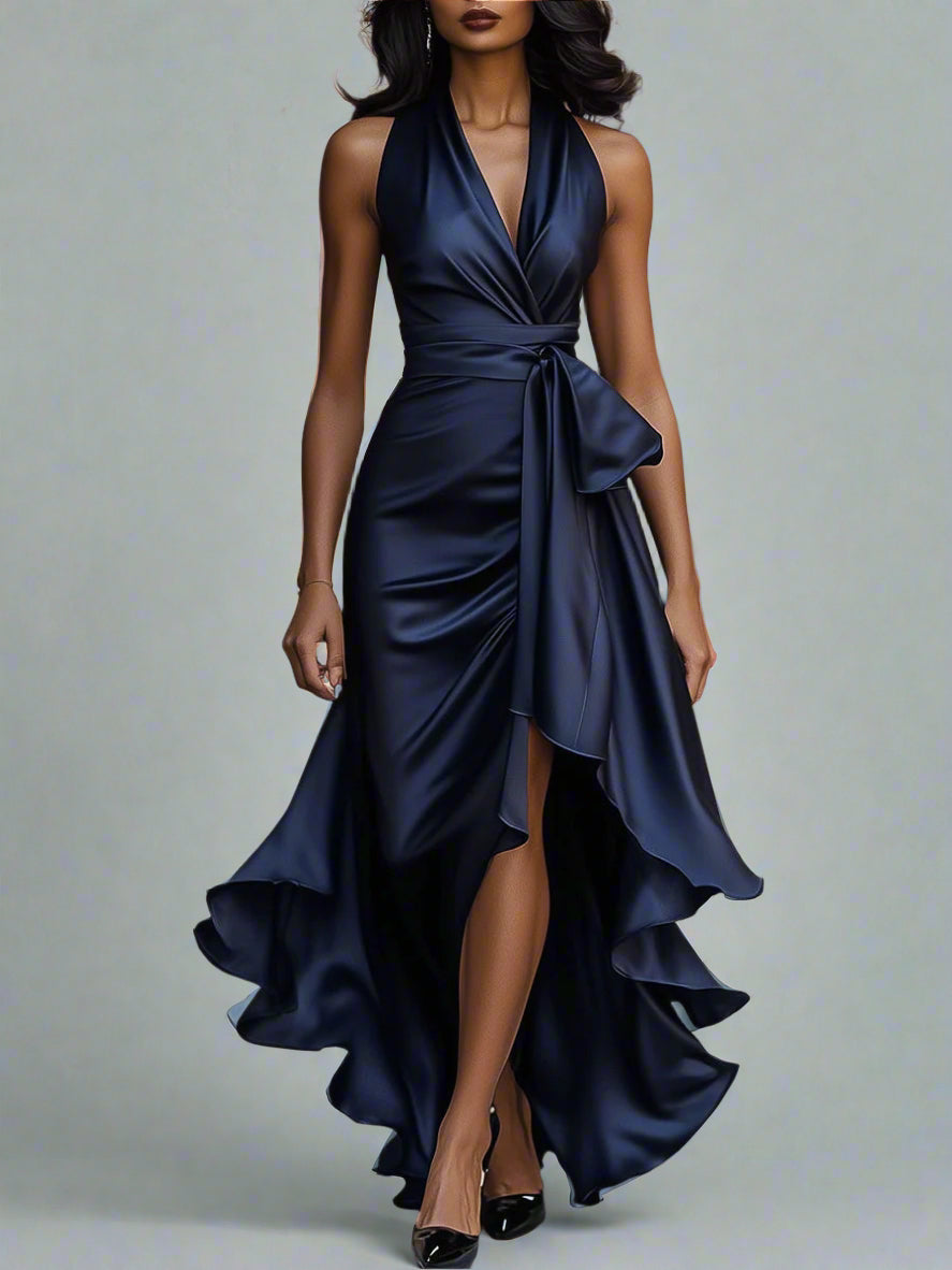 Women’s Satin Halter Evening Dress – Ruffle High-Low Hem