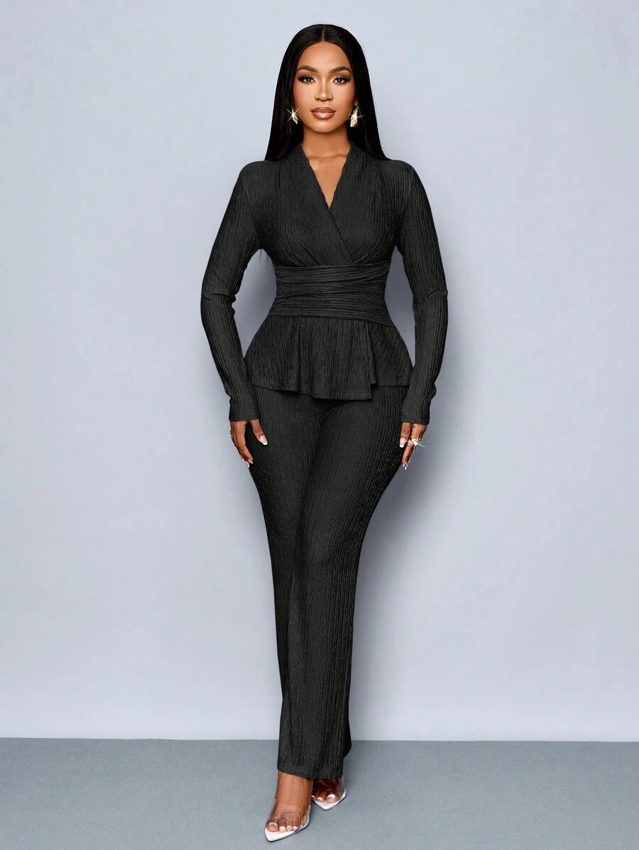 Women’s V-Neck Long Sleeve Top and Wide Leg Pants Set