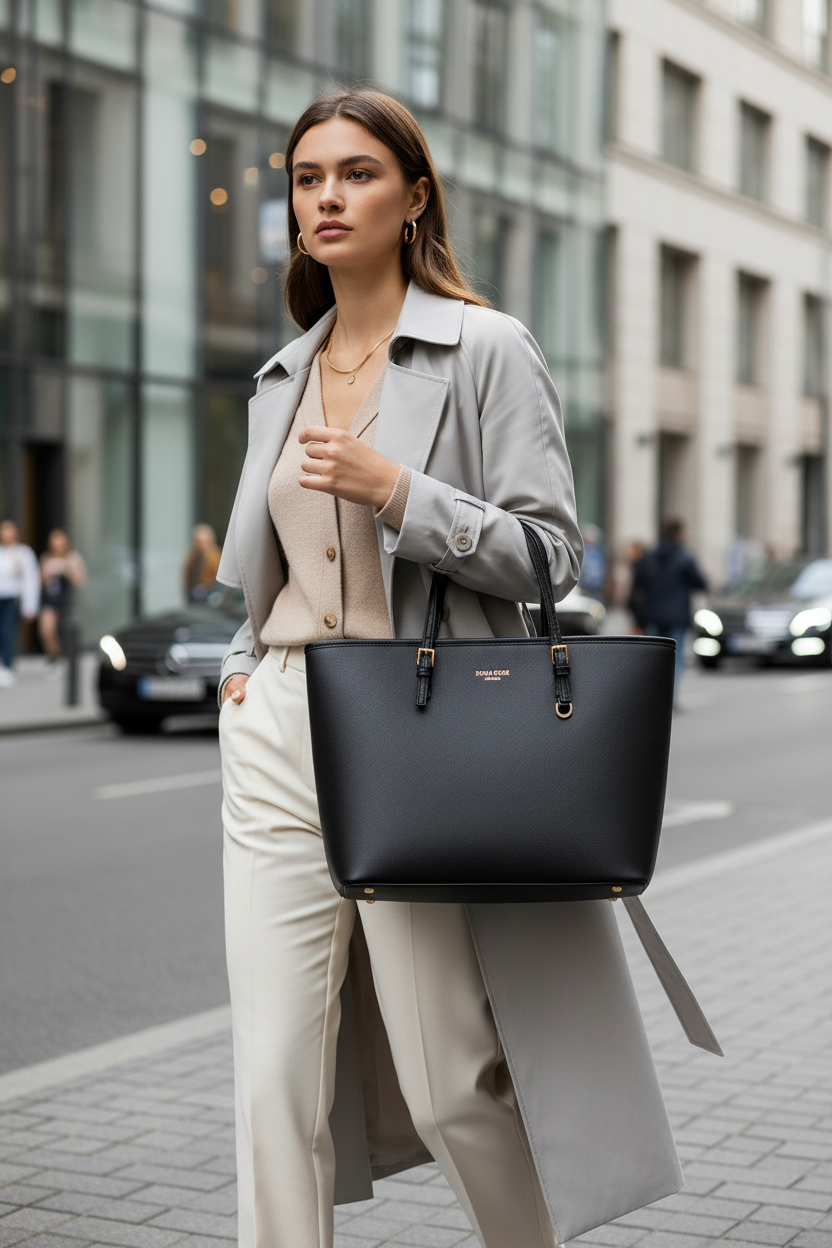 Model carrying black leather tote bag with shoulder straps